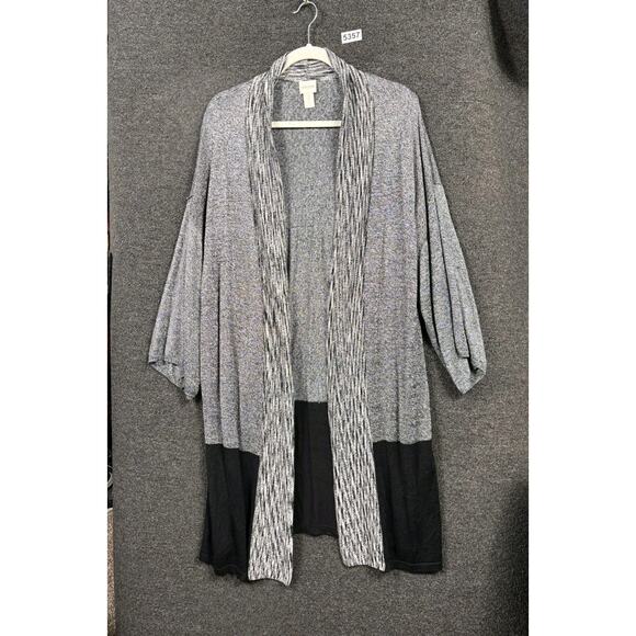 Chico’s Womens Color Block Longline Cardigan Size 2 US L Gray Betty Open Front - Picture 1 of 8